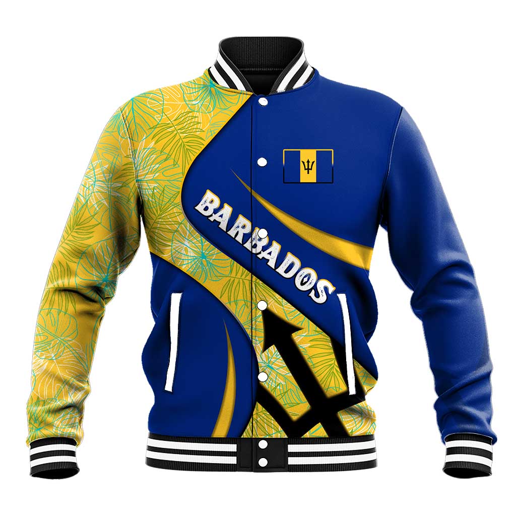 Barbados Flag Baseball Jacket Blue and Yellow with Trident and Tropical Leaf Pattern - Wonder Print Shop