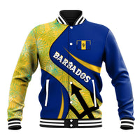 Barbados Flag Baseball Jacket Blue and Yellow with Trident and Tropical Leaf Pattern - Wonder Print Shop