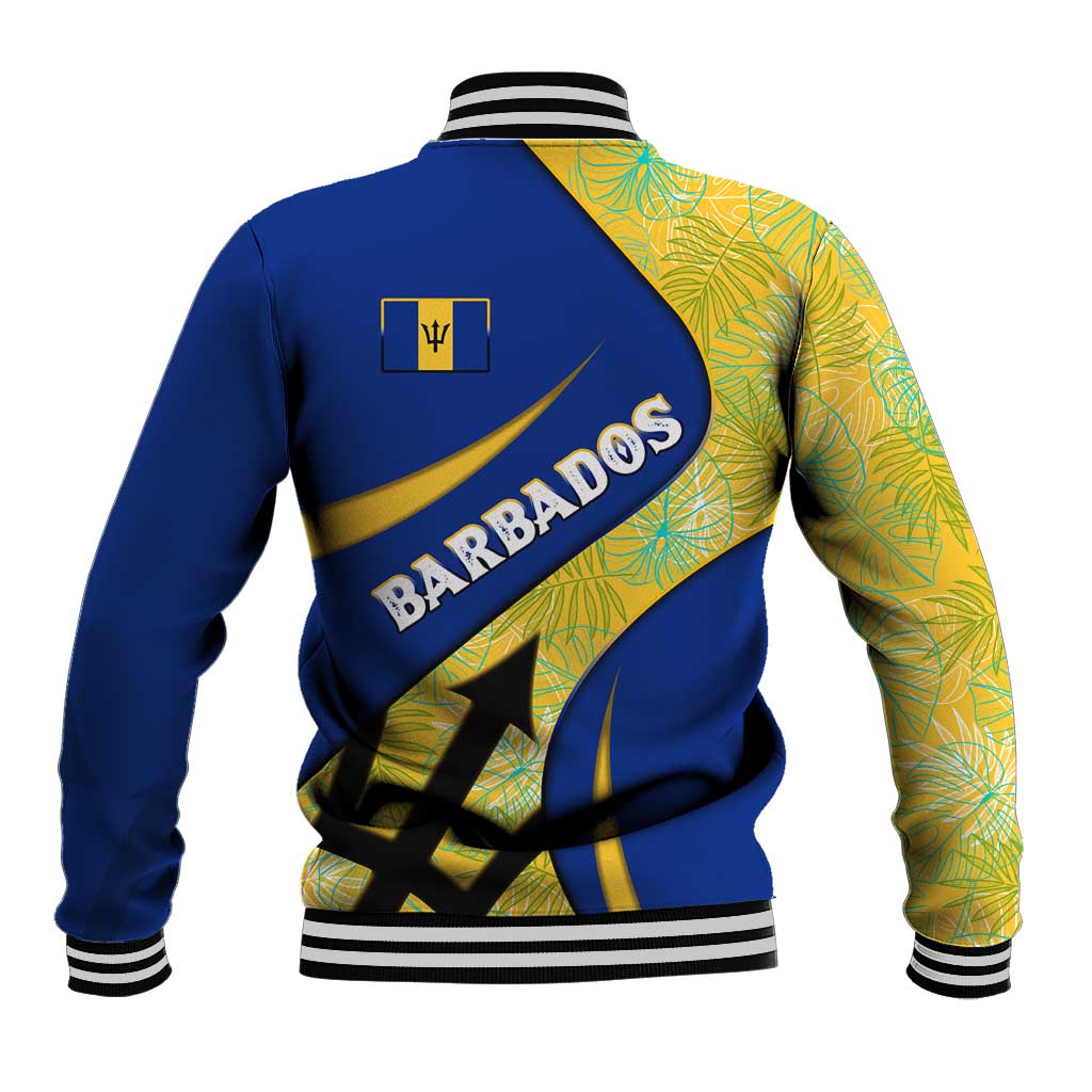 Barbados Flag Baseball Jacket Blue and Yellow with Trident and Tropical Leaf Pattern - Wonder Print Shop