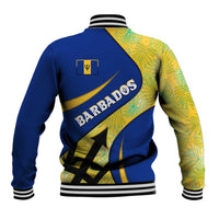 Barbados Flag Baseball Jacket Blue and Yellow with Trident and Tropical Leaf Pattern - Wonder Print Shop