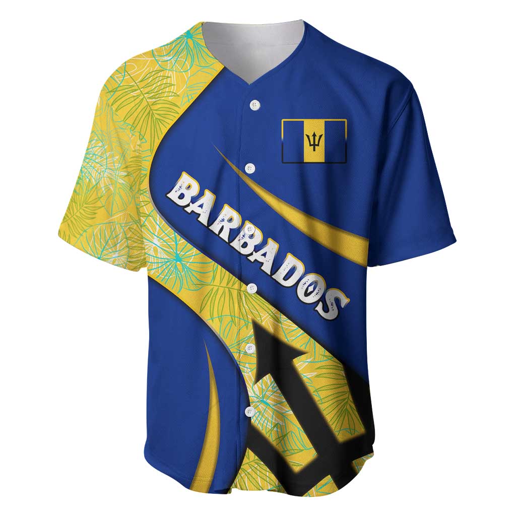 Barbados Flag Baseball Jersey Blue and Yellow with Trident and Tropical Leaf Pattern - Wonder Print Shop
