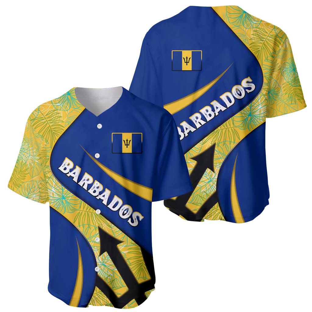Barbados Flag Baseball Jersey Blue and Yellow with Trident and Tropical Leaf Pattern - Wonder Print Shop