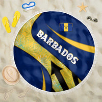 Barbados Flag Beach Blanket Blue and Yellow with Trident and Tropical Leaf Pattern - Wonder Print Shop