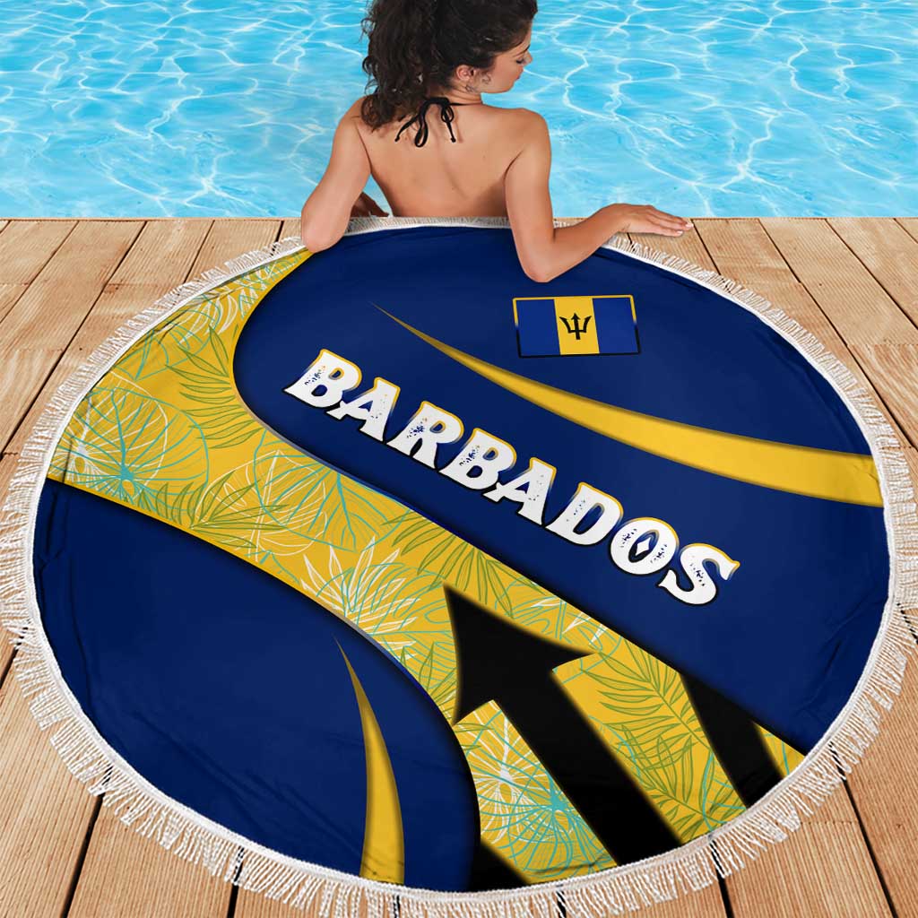 Barbados Flag Beach Blanket Blue and Yellow with Trident and Tropical Leaf Pattern - Wonder Print Shop