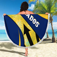 Barbados Flag Beach Blanket Blue and Yellow with Trident and Tropical Leaf Pattern - Wonder Print Shop