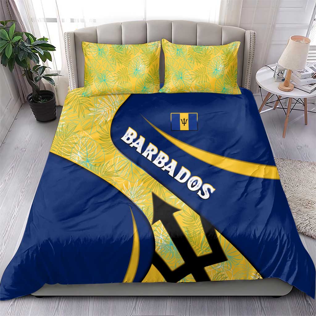 Barbados Flag Bedding Set Blue and Yellow with Trident and Tropical Leaf Pattern - Wonder Print Shop