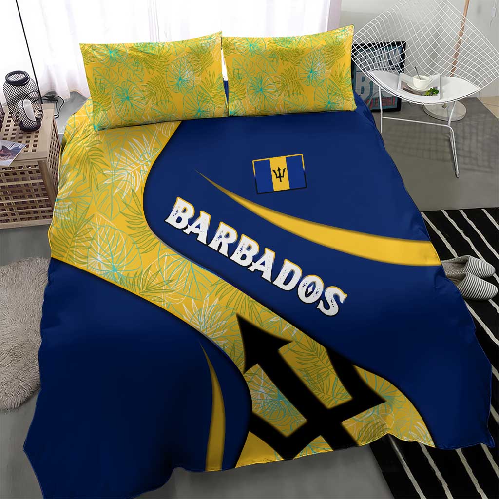Barbados Flag Bedding Set Blue and Yellow with Trident and Tropical Leaf Pattern - Wonder Print Shop