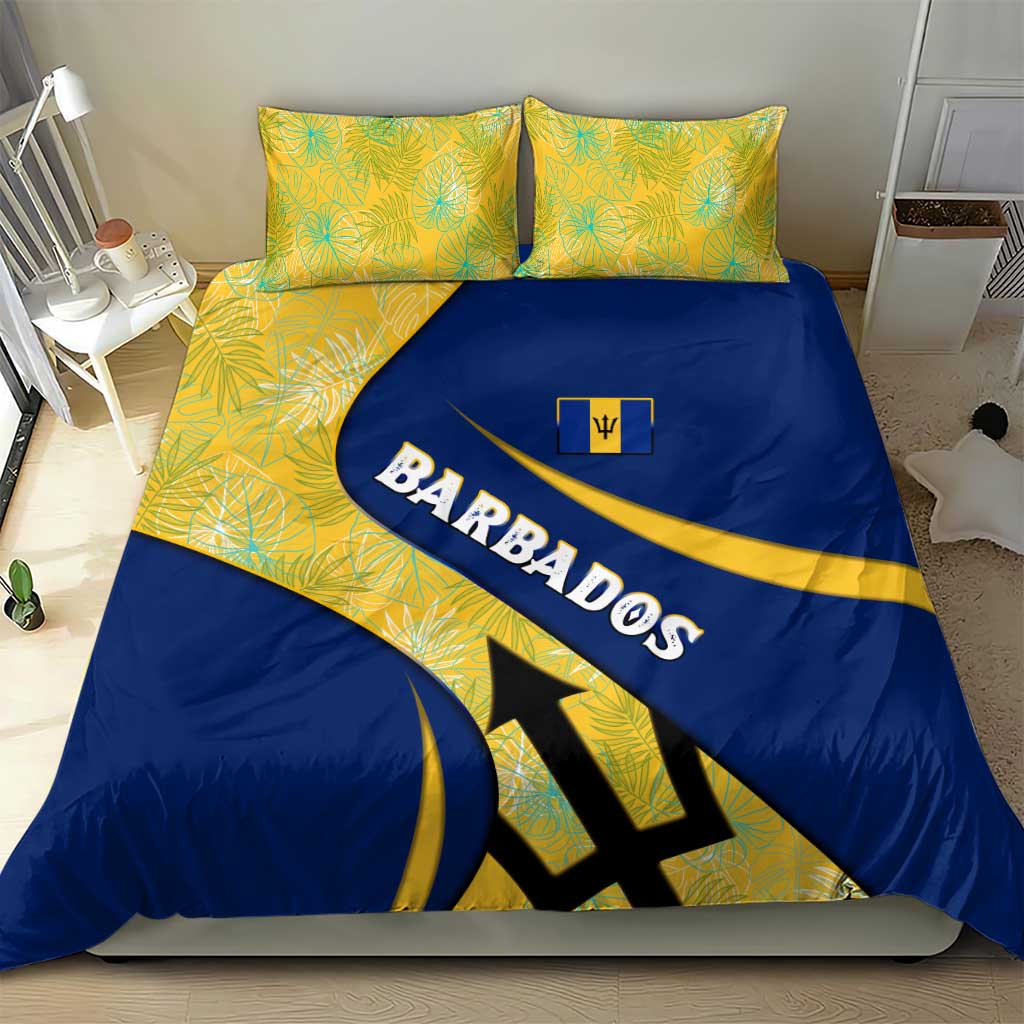 Barbados Flag Bedding Set Blue and Yellow with Trident and Tropical Leaf Pattern - Wonder Print Shop