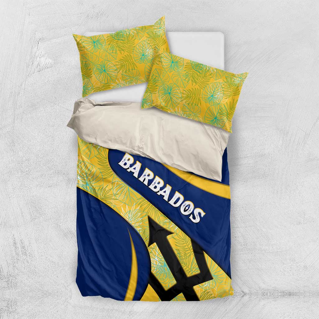 Barbados Flag Bedding Set Blue and Yellow with Trident and Tropical Leaf Pattern - Wonder Print Shop