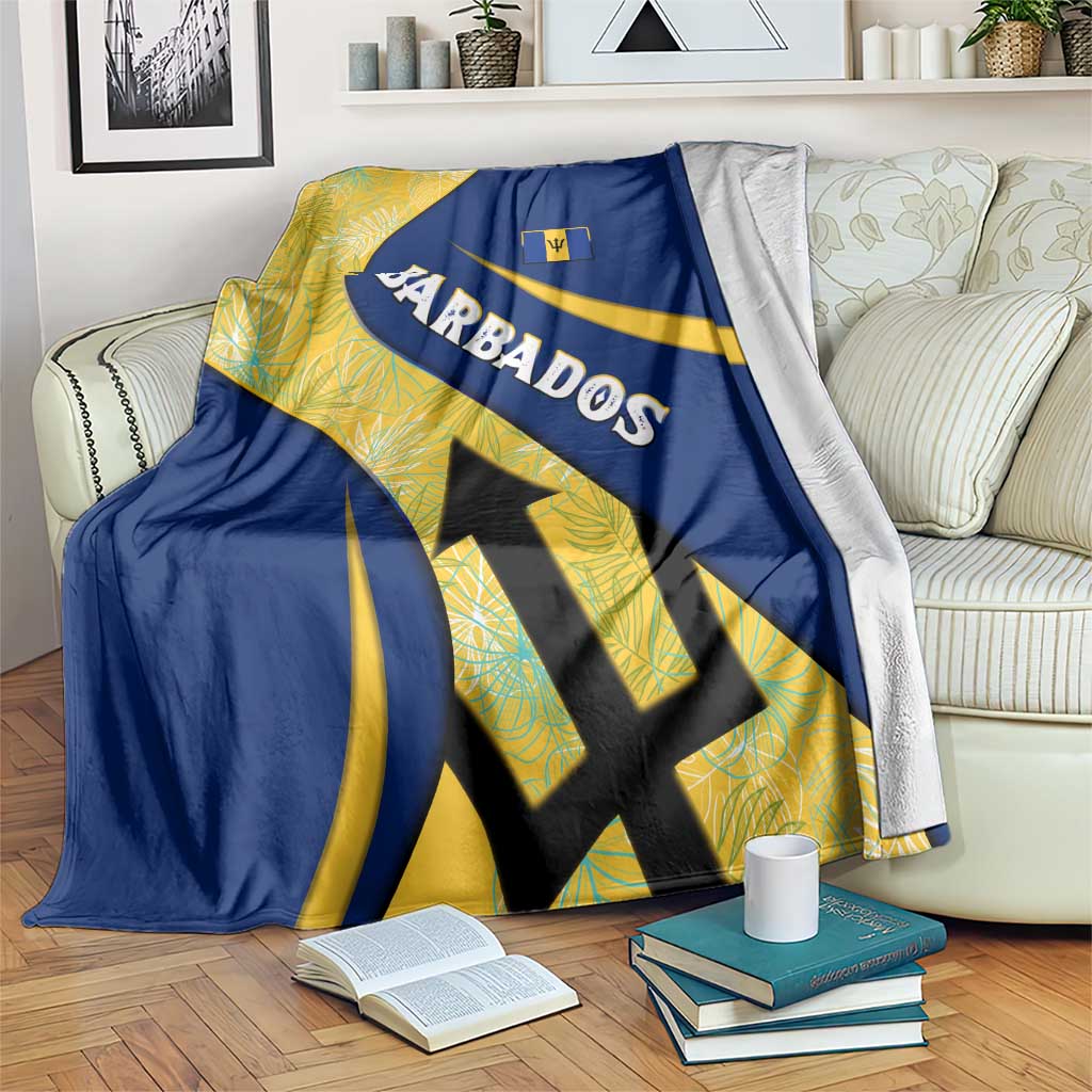 Barbados Flag Blanket Blue and Yellow with Trident and Tropical Leaf Pattern - Wonder Print Shop