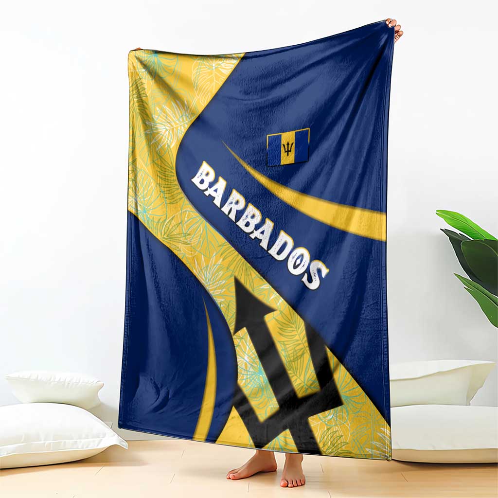 Barbados Flag Blanket Blue and Yellow with Trident and Tropical Leaf Pattern - Wonder Print Shop