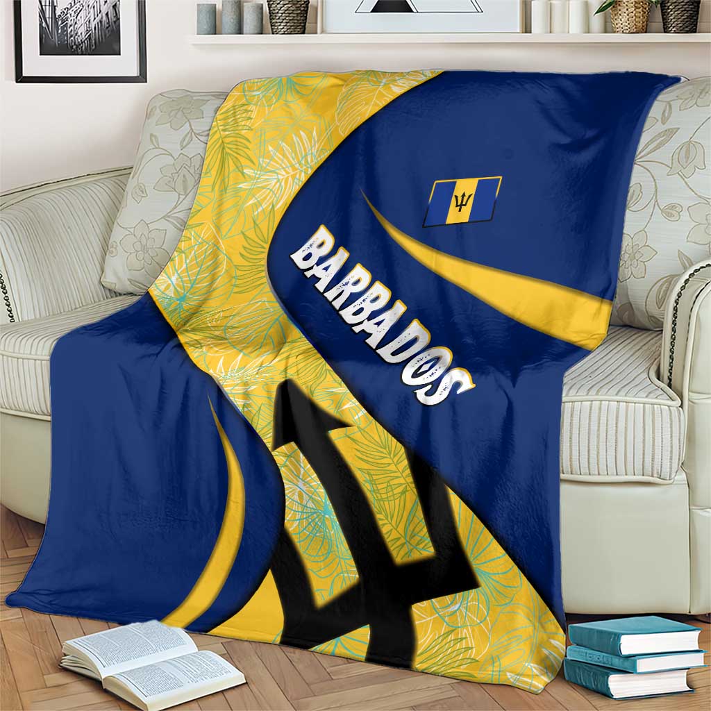 Barbados Flag Blanket Blue and Yellow with Trident and Tropical Leaf Pattern - Wonder Print Shop