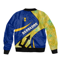 Barbados Flag Bomber Jacket Blue and Yellow with Trident and Tropical Leaf Pattern - Wonder Print Shop