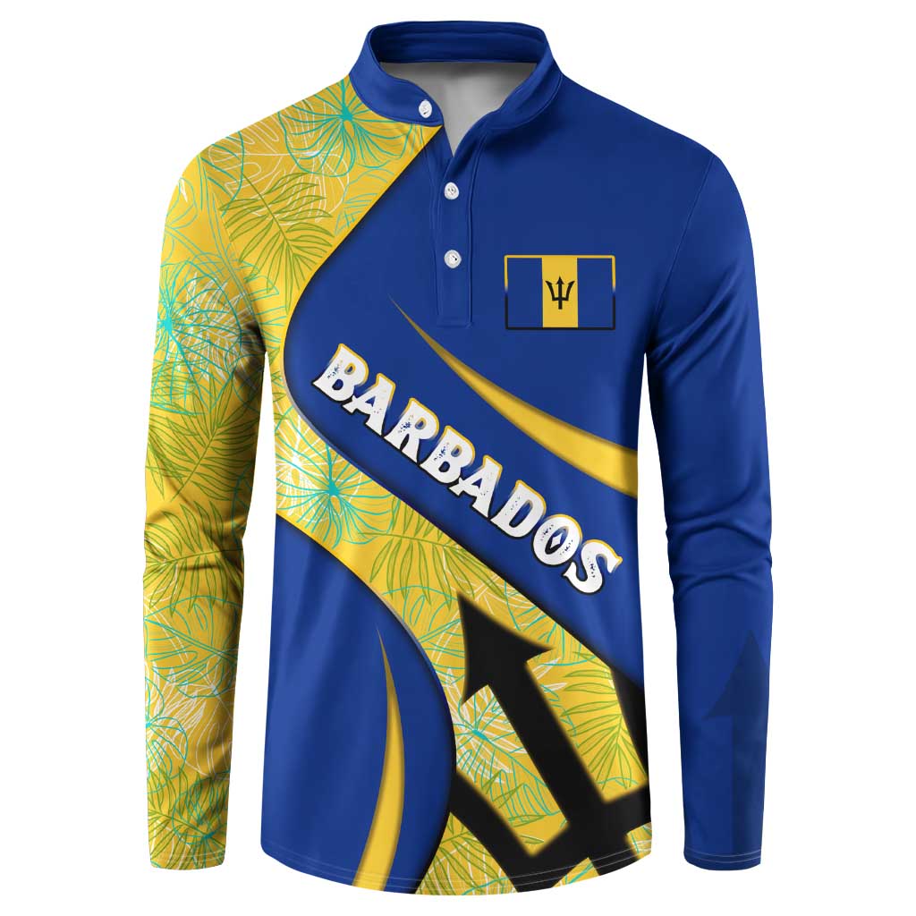 Barbados Flag Button Sweatshirt Blue and Yellow with Trident and Tropical Leaf Pattern - Wonder Print Shop