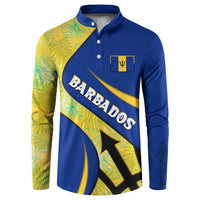 Barbados Flag Button Sweatshirt Blue and Yellow with Trident and Tropical Leaf Pattern - Wonder Print Shop
