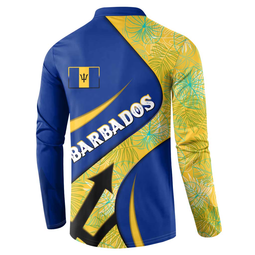 Barbados Flag Button Sweatshirt Blue and Yellow with Trident and Tropical Leaf Pattern - Wonder Print Shop