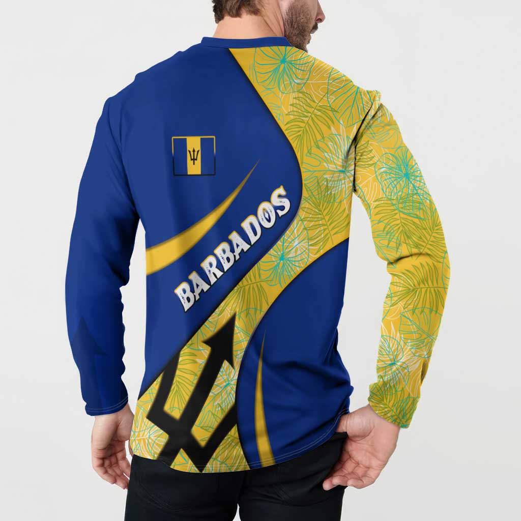 Barbados Flag Button Sweatshirt Blue and Yellow with Trident and Tropical Leaf Pattern - Wonder Print Shop