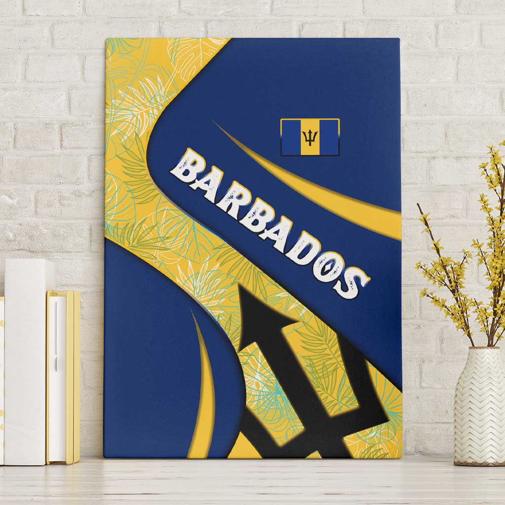 Barbados Flag Canvas Wall Art Blue and Yellow with Trident and Tropical Leaf Pattern - Wonder Print Shop