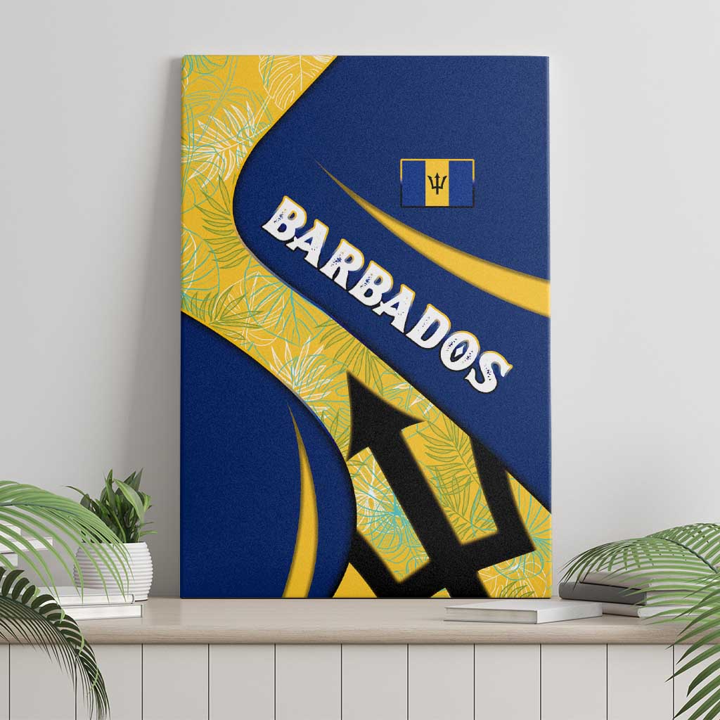 Barbados Flag Canvas Wall Art Blue and Yellow with Trident and Tropical Leaf Pattern - Wonder Print Shop