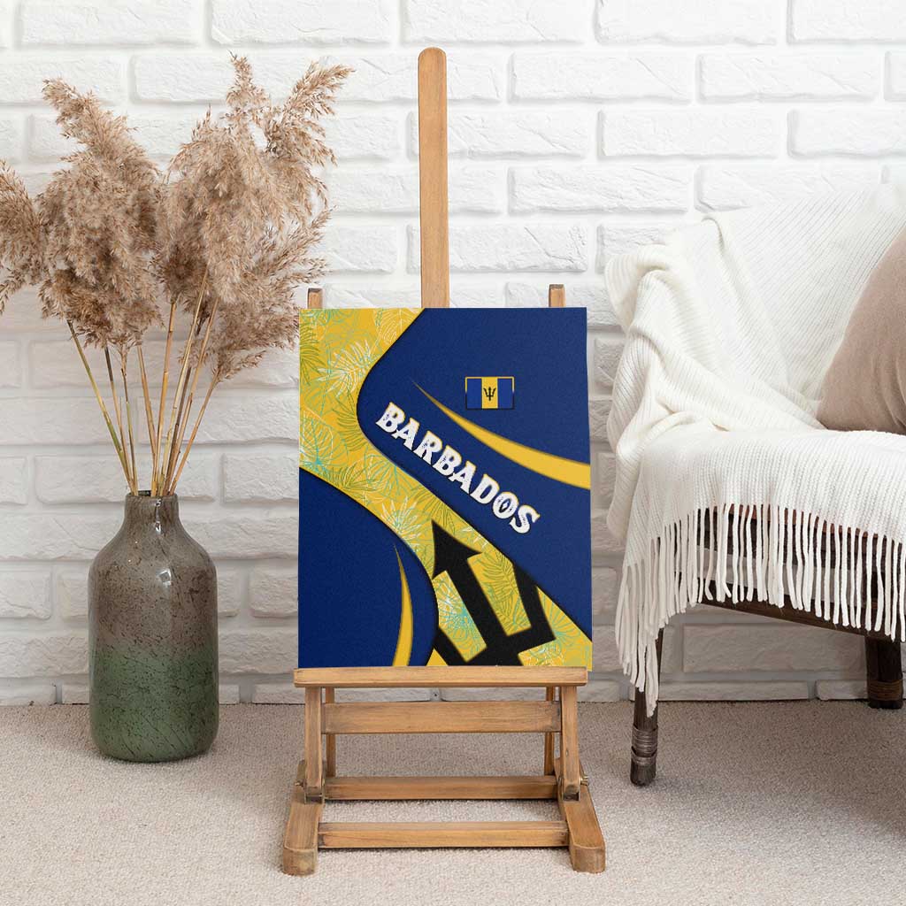 Barbados Flag Canvas Wall Art Blue and Yellow with Trident and Tropical Leaf Pattern - Wonder Print Shop