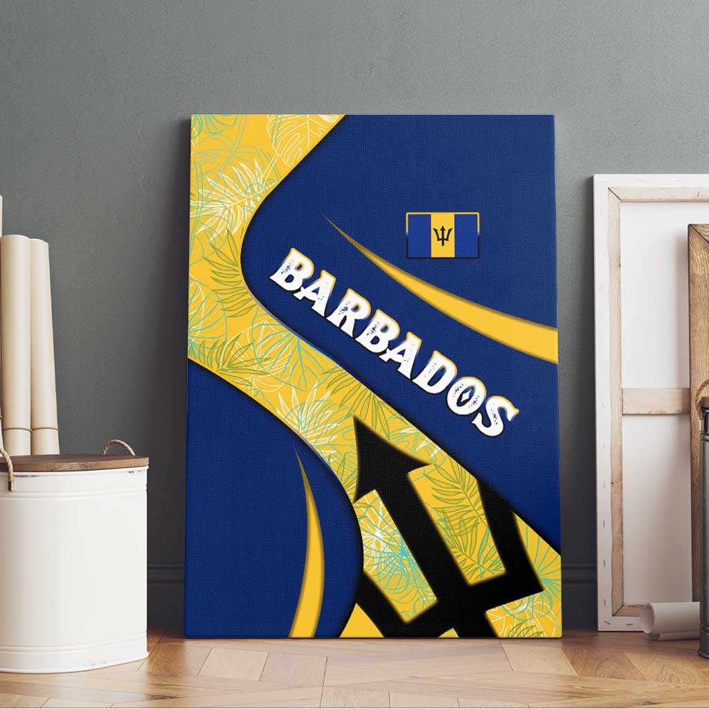 Barbados Flag Canvas Wall Art Blue and Yellow with Trident and Tropical Leaf Pattern - Wonder Print Shop