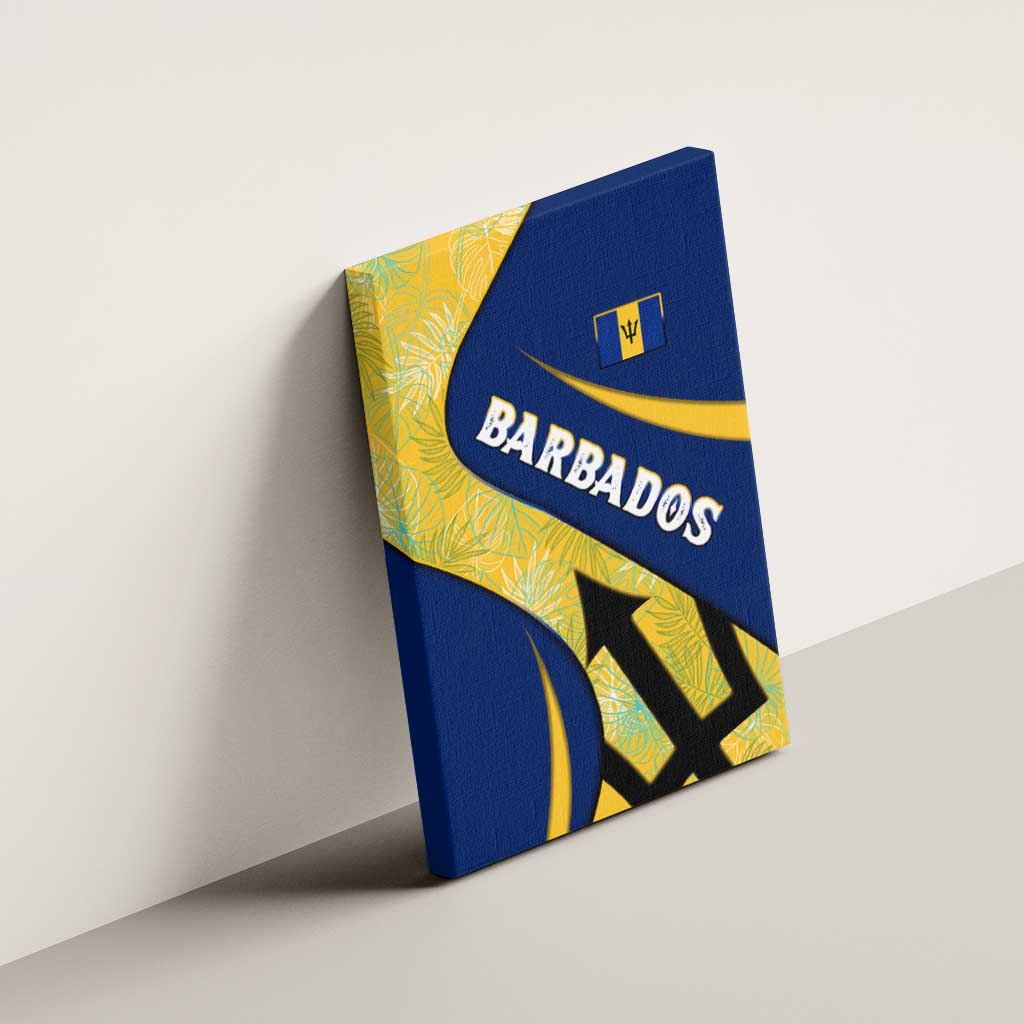 Barbados Flag Canvas Wall Art Blue and Yellow with Trident and Tropical Leaf Pattern - Wonder Print Shop