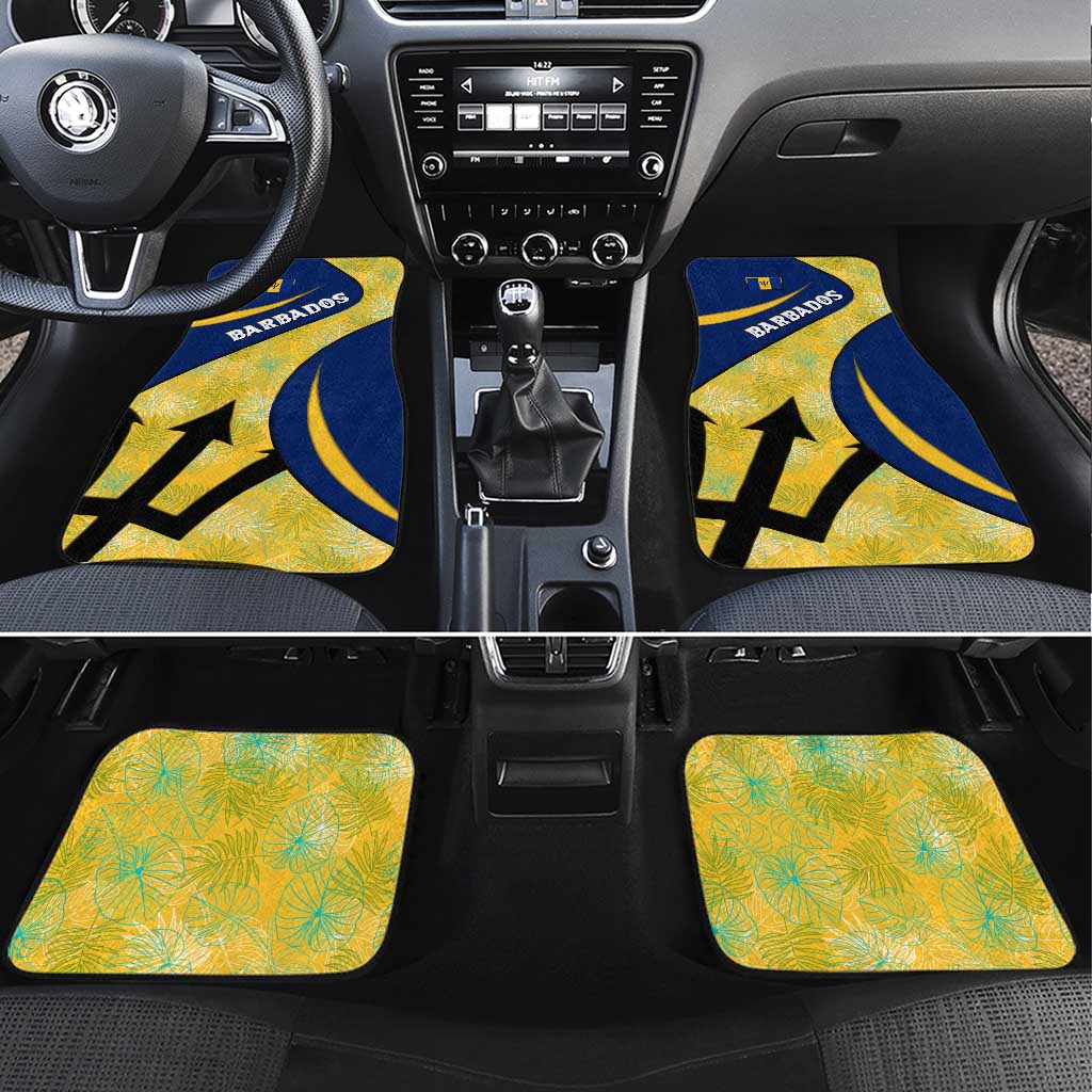 Barbados Flag Car Mats Blue and Yellow with Trident and Tropical Leaf Pattern - Wonder Print Shop