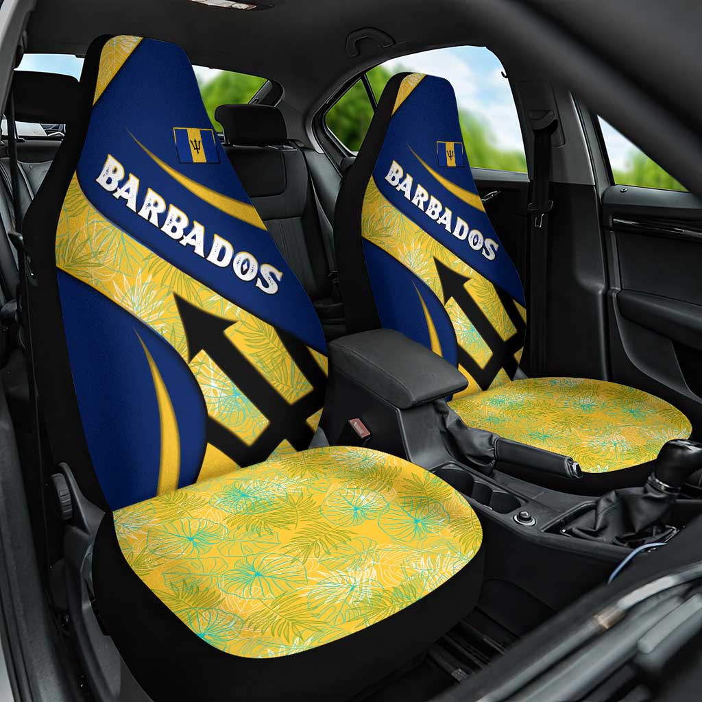 Barbados Flag Car Seat Cover Blue and Yellow with Trident and Tropical Leaf Pattern - Wonder Print Shop