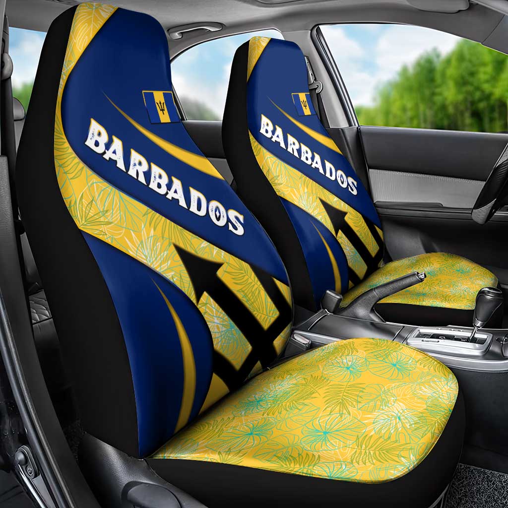 Barbados Flag Car Seat Cover Blue and Yellow with Trident and Tropical Leaf Pattern - Wonder Print Shop