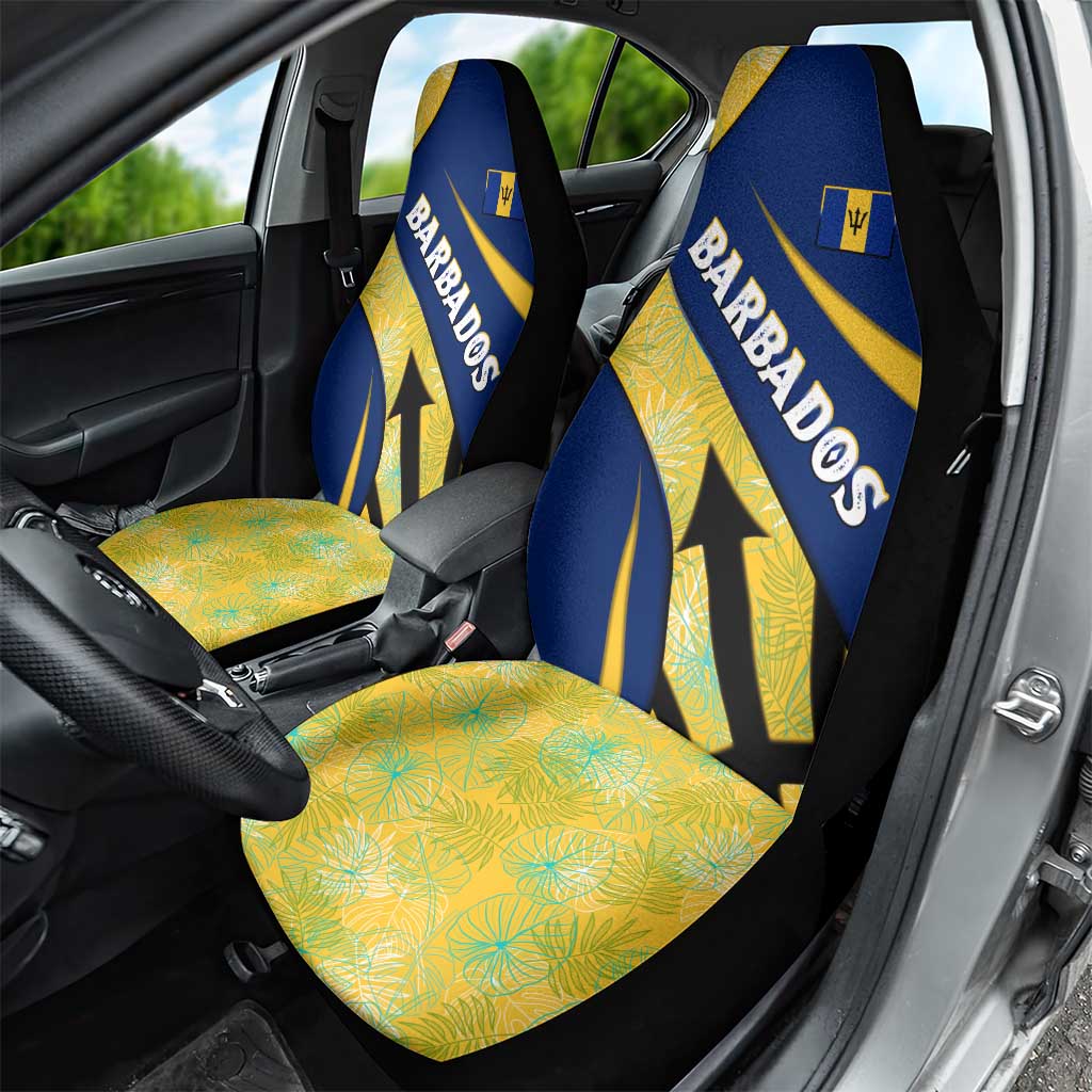 Barbados Flag Car Seat Cover Blue and Yellow with Trident and Tropical Leaf Pattern - Wonder Print Shop