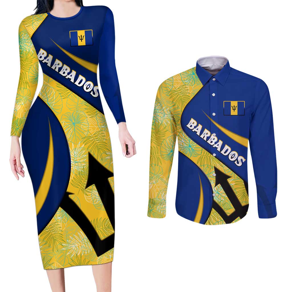 Barbados Flag Couples Matching Long Sleeve Bodycon Dress and Long Sleeve Button Shirt Blue and Yellow with Trident and Tropical Leaf Pattern - Wonder Print Shop