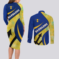 Barbados Flag Couples Matching Long Sleeve Bodycon Dress and Long Sleeve Button Shirt Blue and Yellow with Trident and Tropical Leaf Pattern - Wonder Print Shop