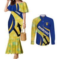 Barbados Flag Couples Matching Mermaid Dress and Long Sleeve Button Shirt Blue and Yellow with Trident and Tropical Leaf Pattern - Wonder Print Shop