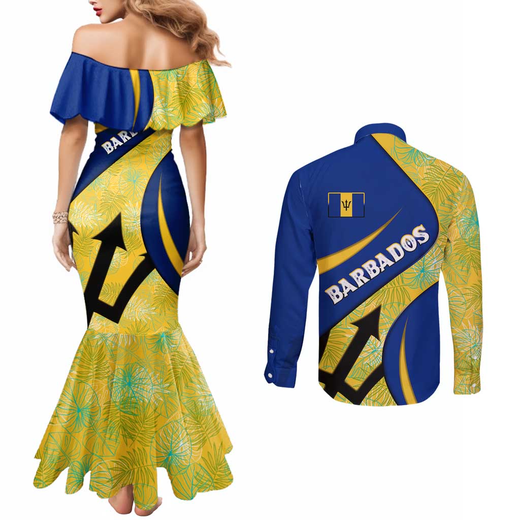 Barbados Flag Couples Matching Mermaid Dress and Long Sleeve Button Shirt Blue and Yellow with Trident and Tropical Leaf Pattern - Wonder Print Shop