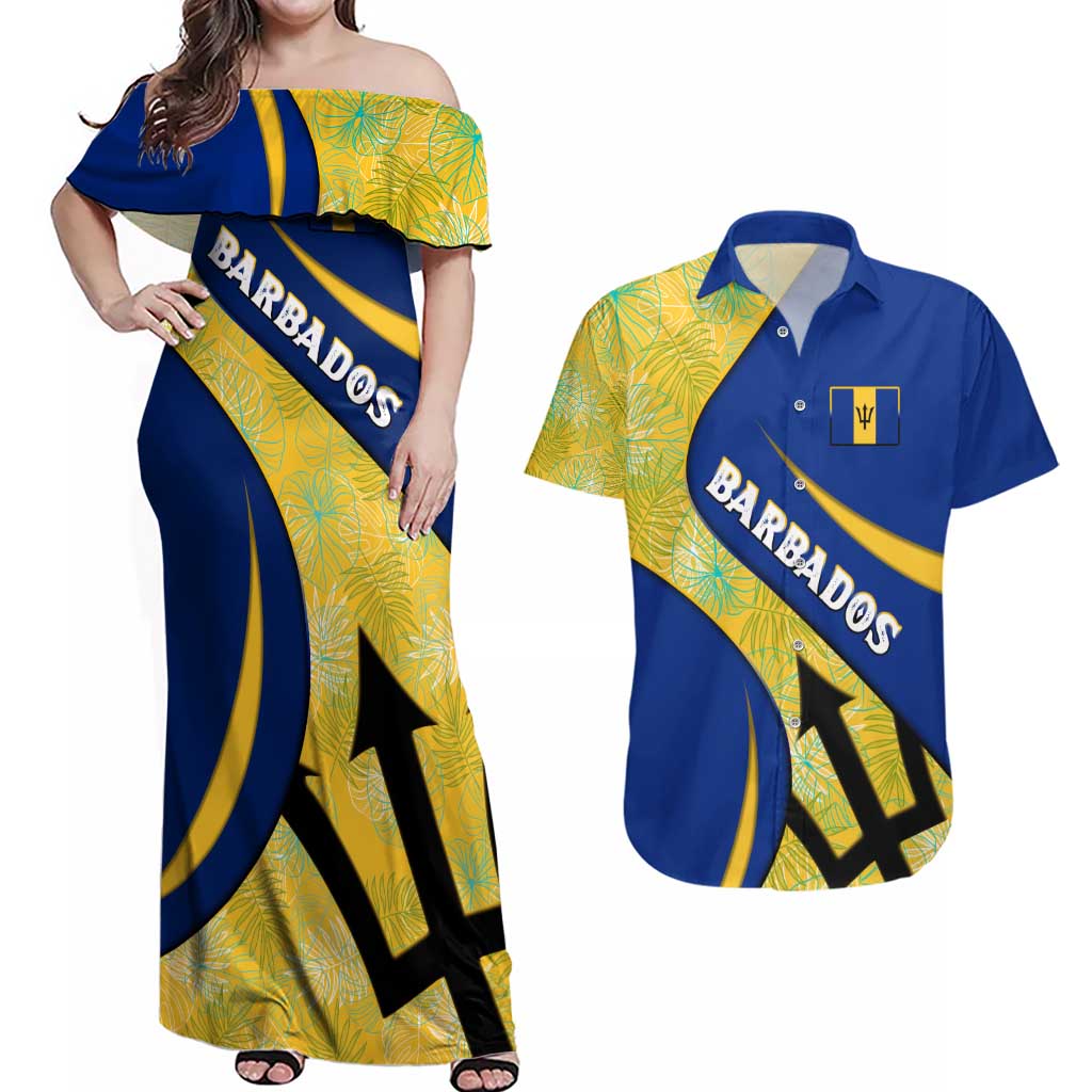 Barbados Flag Couples Matching Off Shoulder Maxi Dress and Hawaiian Shirt Blue and Yellow with Trident and Tropical Leaf Pattern - Wonder Print Shop