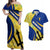 Barbados Flag Couples Matching Off Shoulder Maxi Dress and Hawaiian Shirt Blue and Yellow with Trident and Tropical Leaf Pattern - Wonder Print Shop