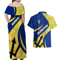 Barbados Flag Couples Matching Off Shoulder Maxi Dress and Hawaiian Shirt Blue and Yellow with Trident and Tropical Leaf Pattern - Wonder Print Shop