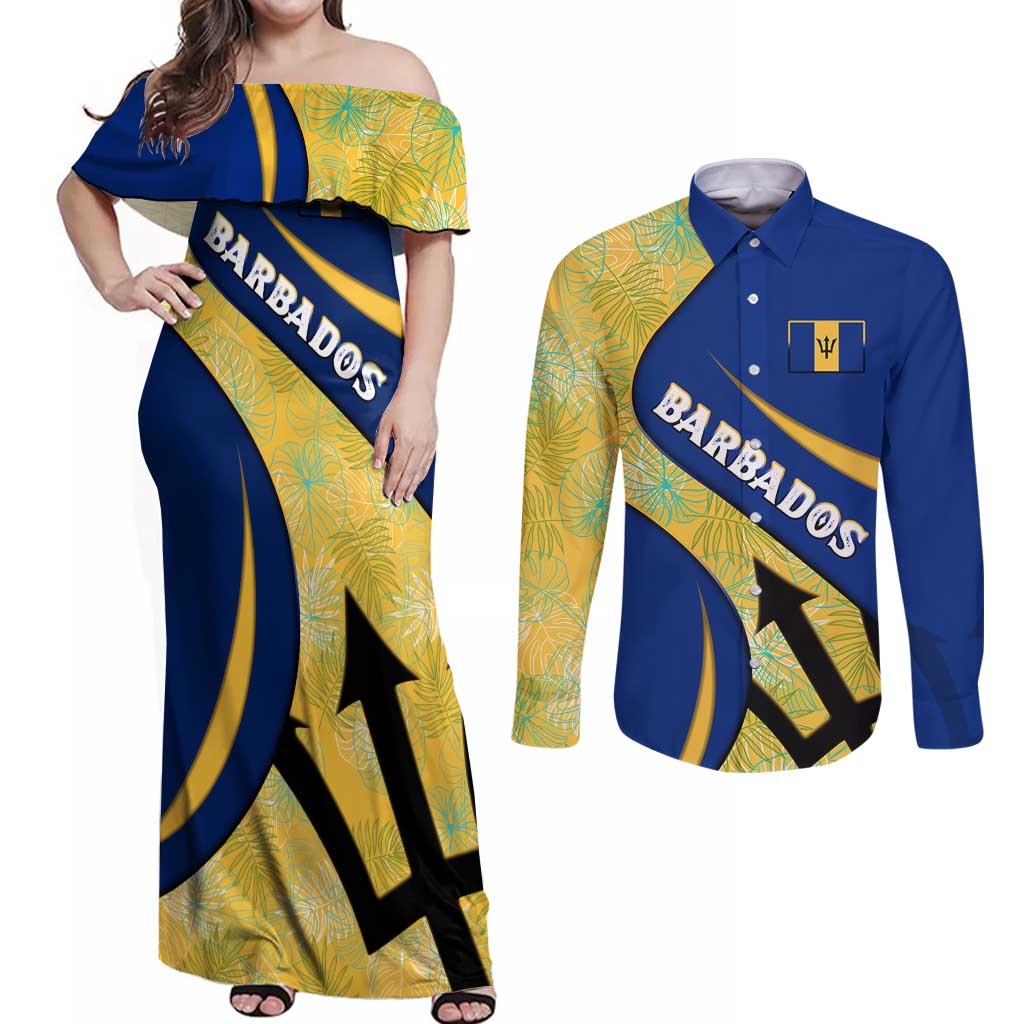 Barbados Flag Couples Matching Off Shoulder Maxi Dress and Long Sleeve Button Shirt Blue and Yellow with Trident and Tropical Leaf Pattern - Wonder Print Shop