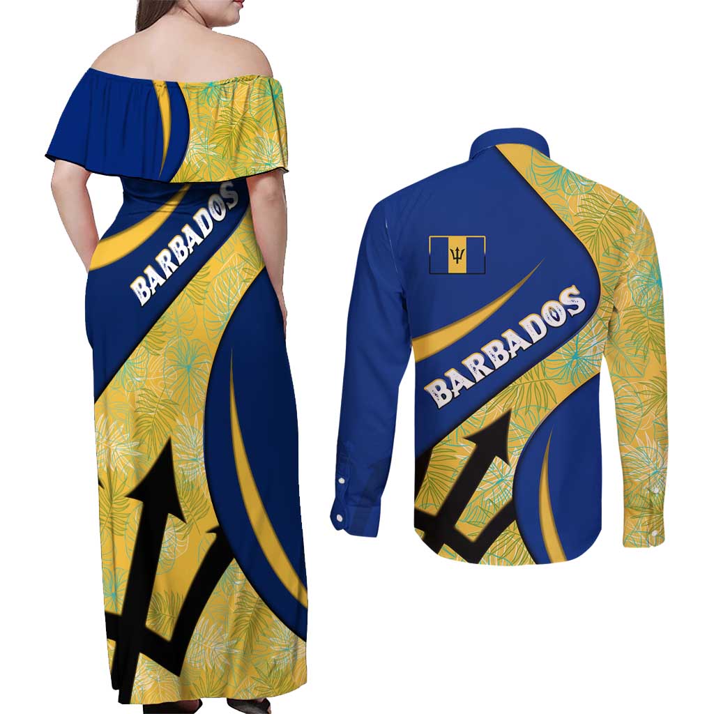 Barbados Flag Couples Matching Off Shoulder Maxi Dress and Long Sleeve Button Shirt Blue and Yellow with Trident and Tropical Leaf Pattern - Wonder Print Shop