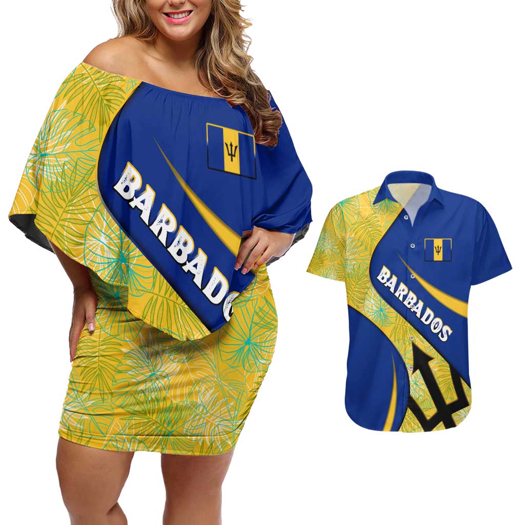 Barbados Flag Couples Matching Off Shoulder Short Dress and Hawaiian Shirt Blue and Yellow with Trident and Tropical Leaf Pattern - Wonder Print Shop