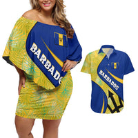 Barbados Flag Couples Matching Off Shoulder Short Dress and Hawaiian Shirt Blue and Yellow with Trident and Tropical Leaf Pattern - Wonder Print Shop