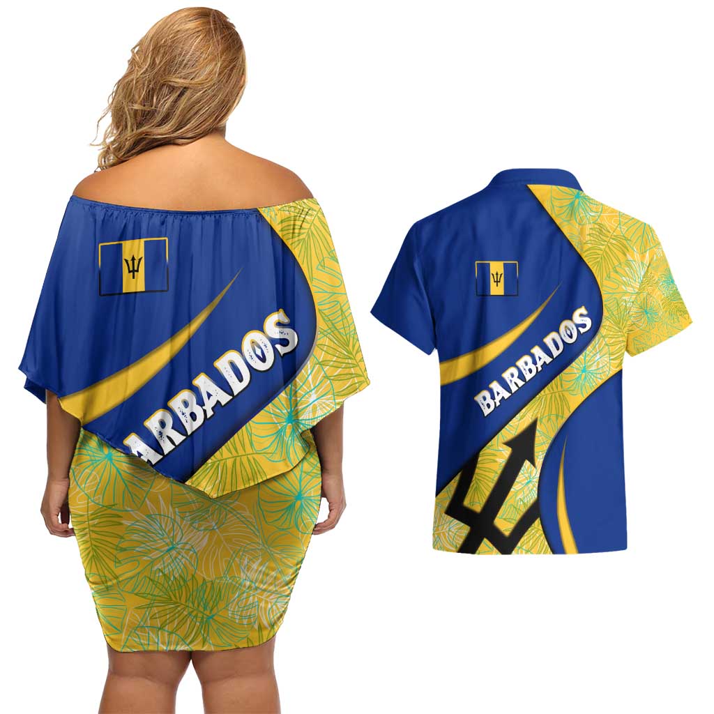 Barbados Flag Couples Matching Off Shoulder Short Dress and Hawaiian Shirt Blue and Yellow with Trident and Tropical Leaf Pattern - Wonder Print Shop