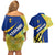 Barbados Flag Couples Matching Off Shoulder Short Dress and Hawaiian Shirt Blue and Yellow with Trident and Tropical Leaf Pattern - Wonder Print Shop