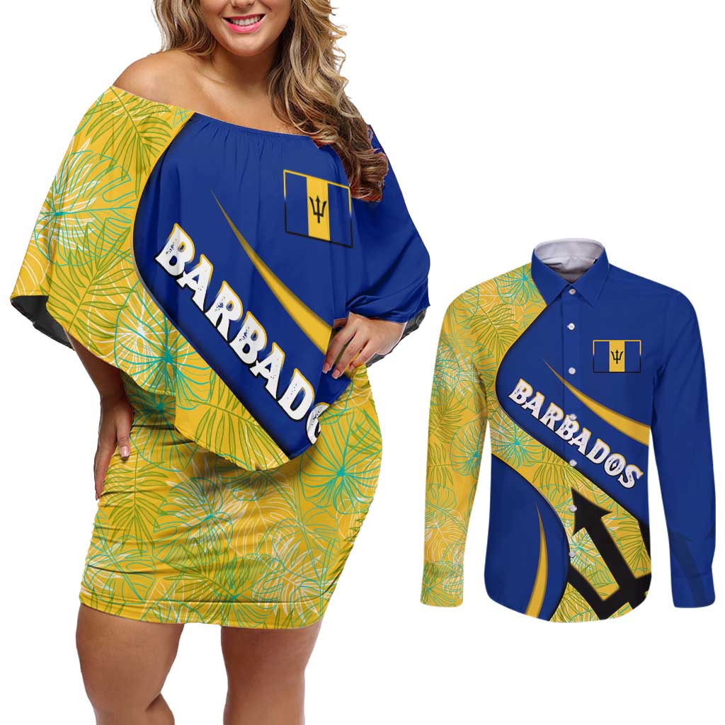 Barbados Flag Couples Matching Off Shoulder Short Dress and Long Sleeve Button Shirt Blue and Yellow with Trident and Tropical Leaf Pattern - Wonder Print Shop