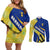 Barbados Flag Couples Matching Off Shoulder Short Dress and Long Sleeve Button Shirt Blue and Yellow with Trident and Tropical Leaf Pattern - Wonder Print Shop