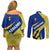 Barbados Flag Couples Matching Off Shoulder Short Dress and Long Sleeve Button Shirt Blue and Yellow with Trident and Tropical Leaf Pattern - Wonder Print Shop