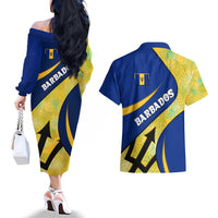 Barbados Flag Couples Matching Off The Shoulder Long Sleeve Dress and Hawaiian Shirt Blue and Yellow with Trident and Tropical Leaf Pattern - Wonder Print Shop