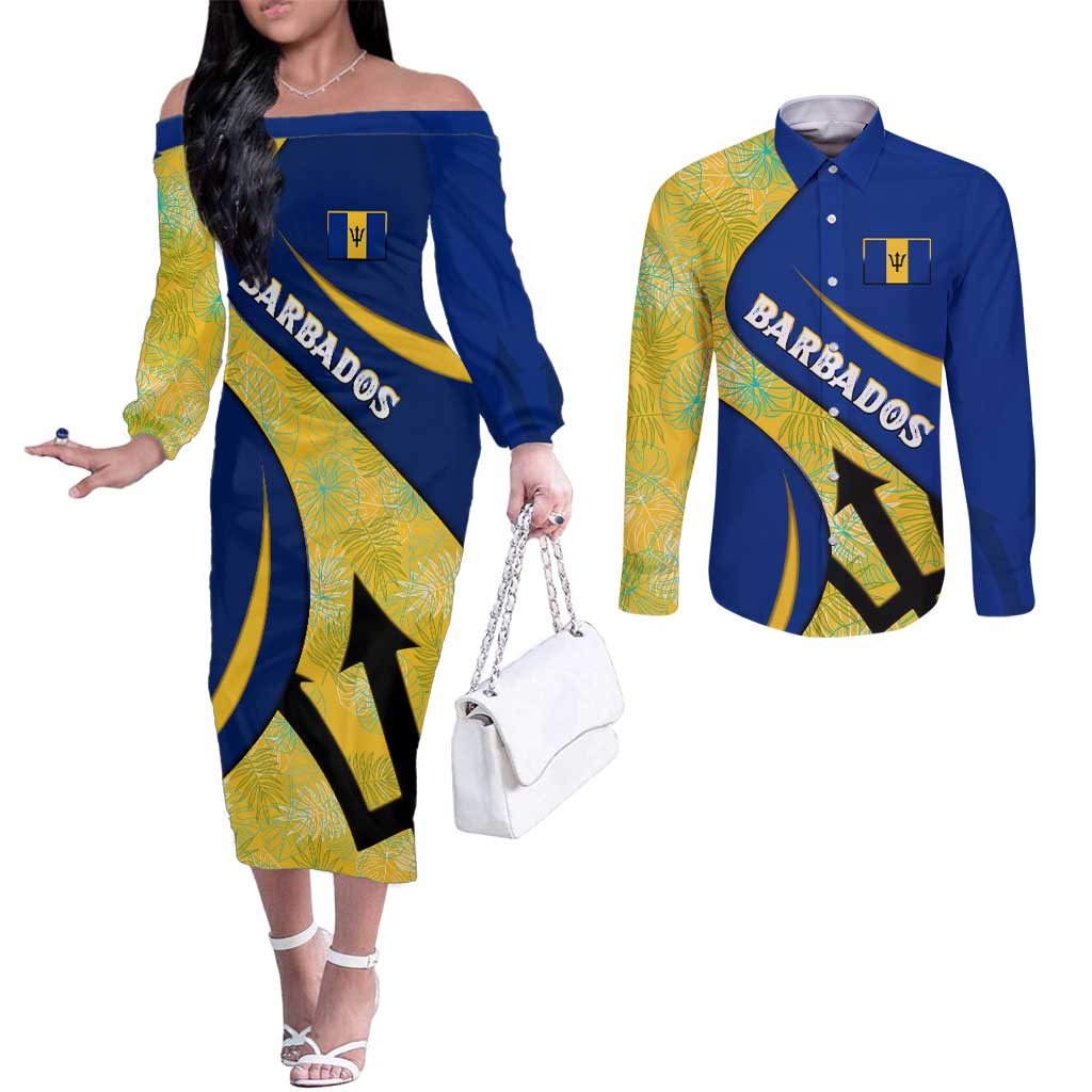 Barbados Flag Couples Matching Off The Shoulder Long Sleeve Dress and Long Sleeve Button Shirt Blue and Yellow with Trident and Tropical Leaf Pattern - Wonder Print Shop