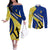 Barbados Flag Couples Matching Off The Shoulder Long Sleeve Dress and Long Sleeve Button Shirt Blue and Yellow with Trident and Tropical Leaf Pattern - Wonder Print Shop