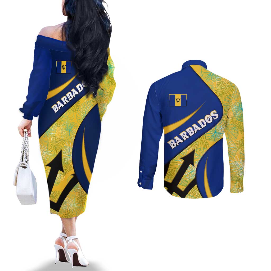 Barbados Flag Couples Matching Off The Shoulder Long Sleeve Dress and Long Sleeve Button Shirt Blue and Yellow with Trident and Tropical Leaf Pattern - Wonder Print Shop